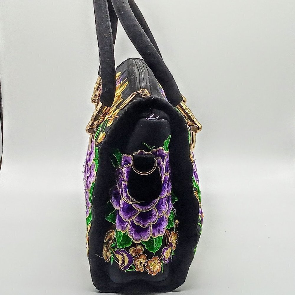 Purple Green Gold Floral Embroidered Satchel Bag - Picture 3 of 7